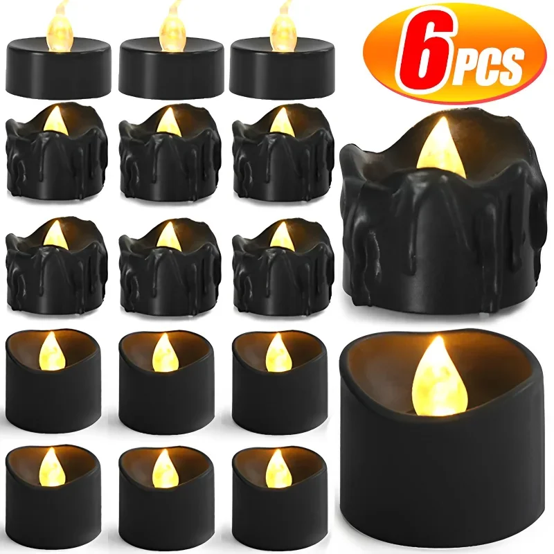 6/1PCS LED Flameless Candle Lights Battery Powered Tealight Black Tea Candle Light For Halloween Birthday Wedding Party Decor