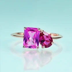 Gem's Beauty Solid 14K 10K Rose Gold Created Ruby Rings for Women Pear Emerald Cut Solitaire Ring for Engagement Christmas Gift