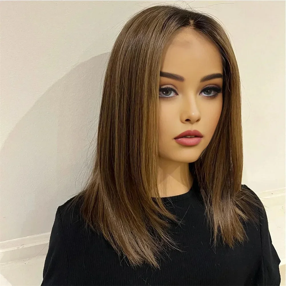 Glueless Natural 5x5 Silk Base 16 inch Straight Highlight Brown Jewish Human Hair Wig Baby Hair HD Lace European Hair Preplucked