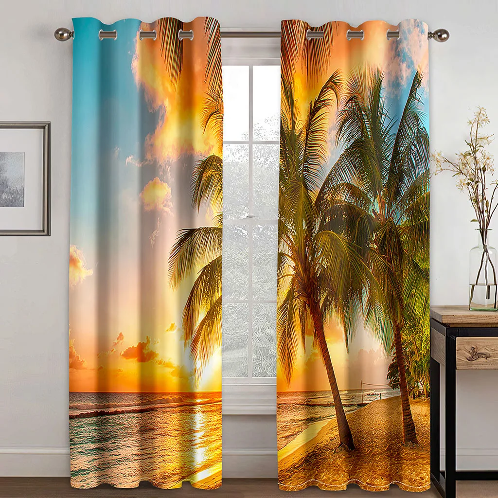 3D Print Modern Sunset Beach Scenery Natural Landscape Banana Leaf 2 Pieces Shading Window Curtain for Living Room Bedroom Decor