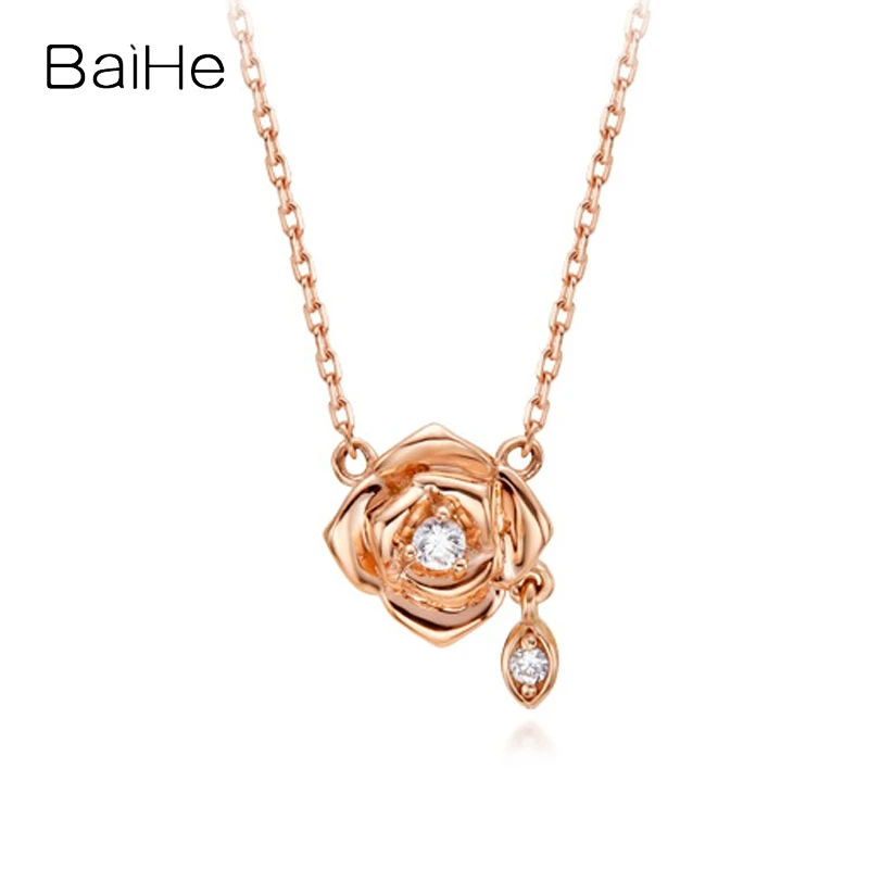 BaiHe Real Solid 14K Rose Gold H/SI Natural Diamond Rose Necklace Women Engagement Gift Trendy Fine Jewelry Making Ketting