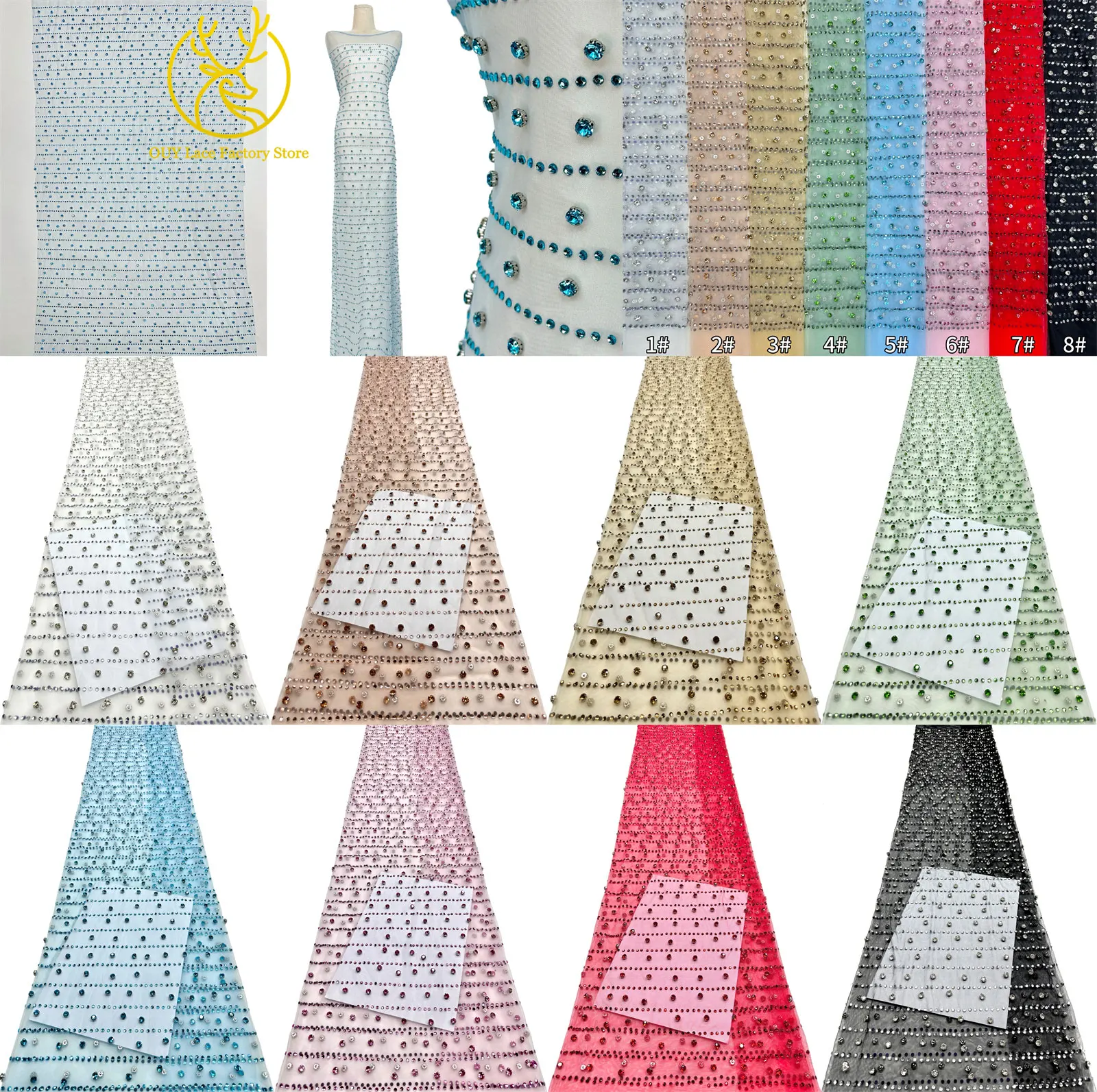 Grüner Neuer Stil Österreichischer Diamant-Tüll-Netzstoff 5 Yards Afrikanischer Spitzenstoff Bunter Strass-Netzstoff für Hochzeitskleider – Detail 25