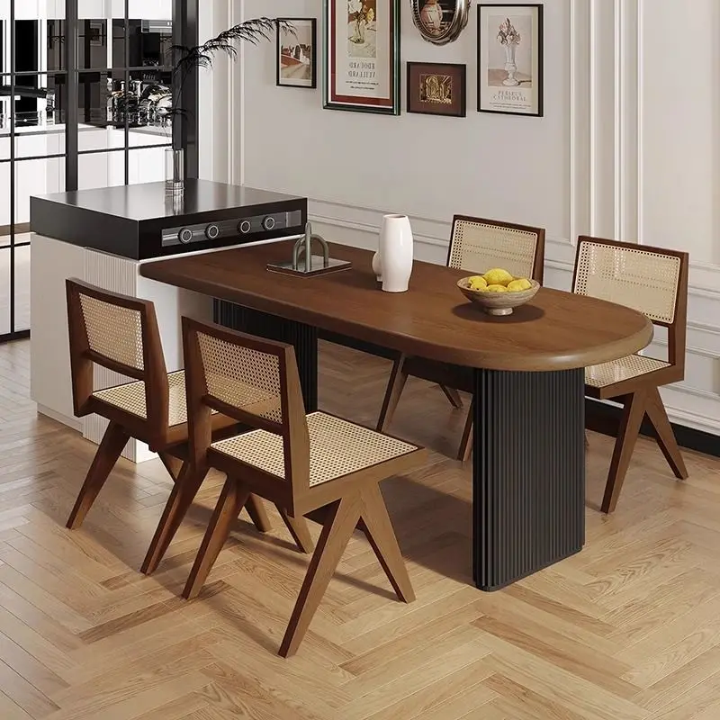 Combination Of Medieval Walnut Dining Table And Chairs, Semicircular Wall-walled Island Dining Table, Solid Wood Dining Table, S