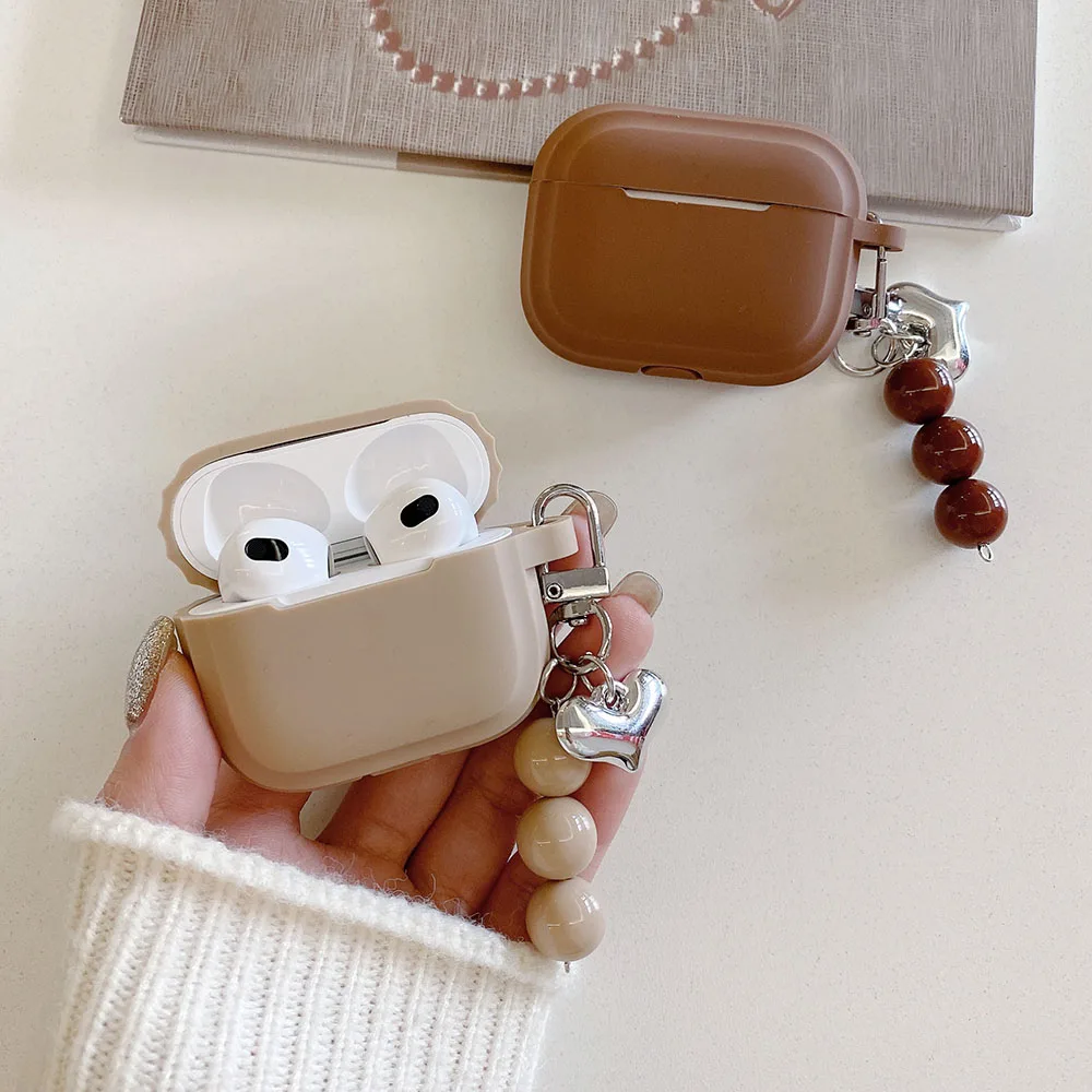 Brown Silicone Case For AirPods 4 ANC Pro 2 Earphone Protecitve Cover For AirPods 1 2 3 4th Soft Case with Heart Bead Keychain