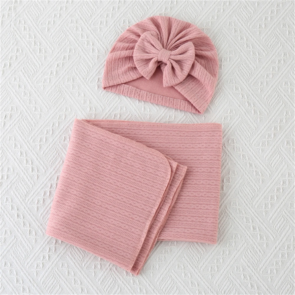 Newborn Baby Swaddle Blanket Set With Bowknot Decorated Hat, 1pc Blanket And 1pc Wrap