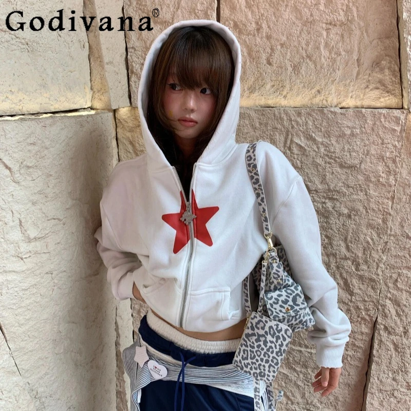 

American White Hooded Sweatshirt for Women New Autumn Winter Vintage Zipper Hoodies Female Japanese Style Loose Sweatshirts