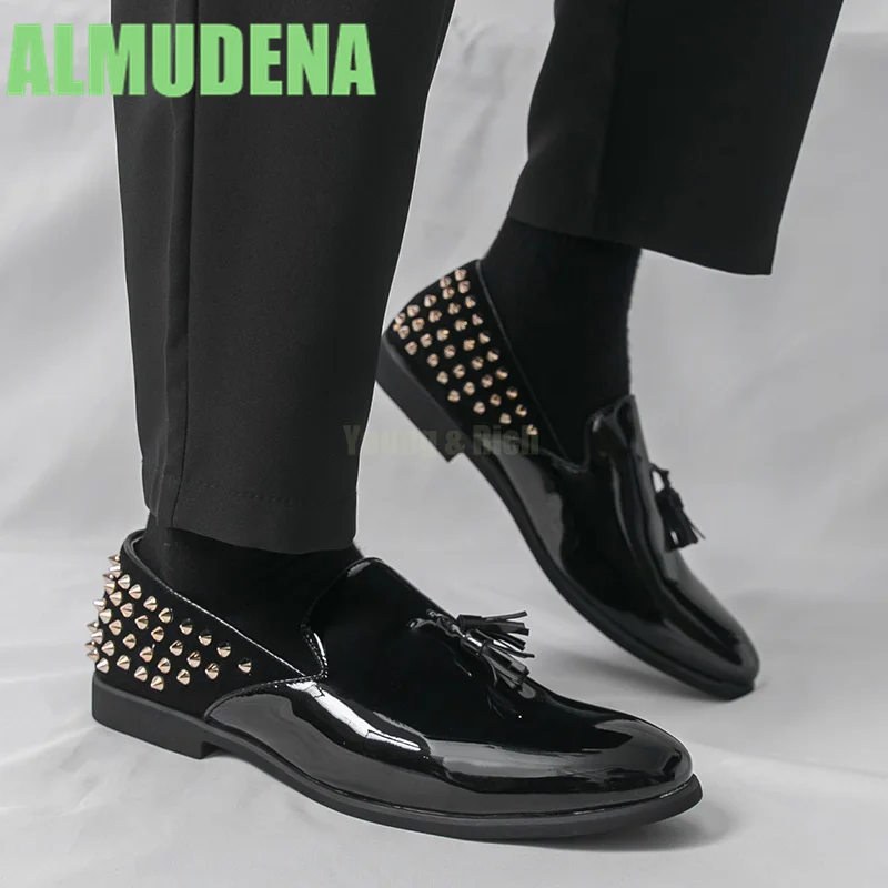 

Lacquer Leather Tassel Loafers Studded Heel Decoration Slip On Casual Leather Shoes British Style Versatile Men's Flat Shoes