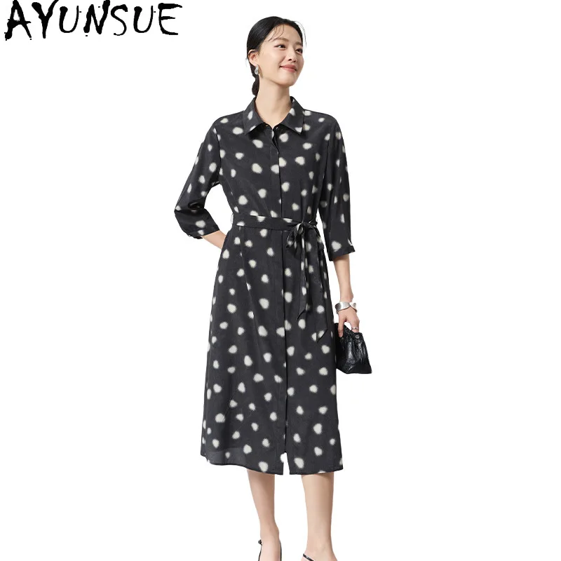 AYUNSUE 16MM 89.9% Mulberry Silk Beach Dress Women Elegant Womens Dresses Waist Summer Dress Lace-up Dots Print Платье Женское