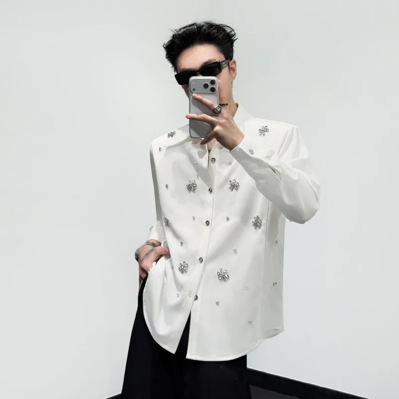 WVGA Korean Style Summer New Men Long Sleeve Shirt Three Dimensional Snowflake Diamond Embellishments Niche Chic Tops Ins W25234