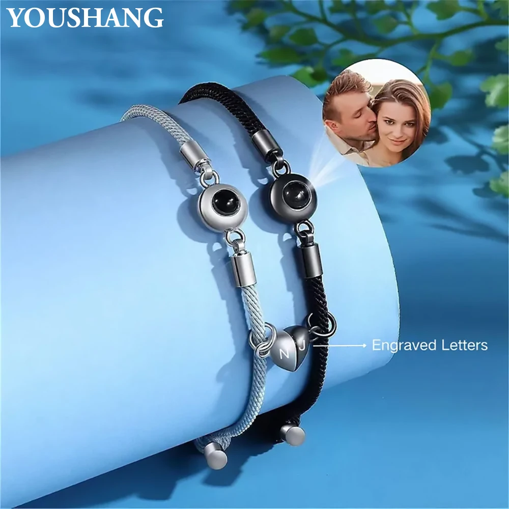 Customizable Couple Photo Projection Bracelets Handmade Woven Rope Adjustable Bracelets Personalized Initial Heart Magnet