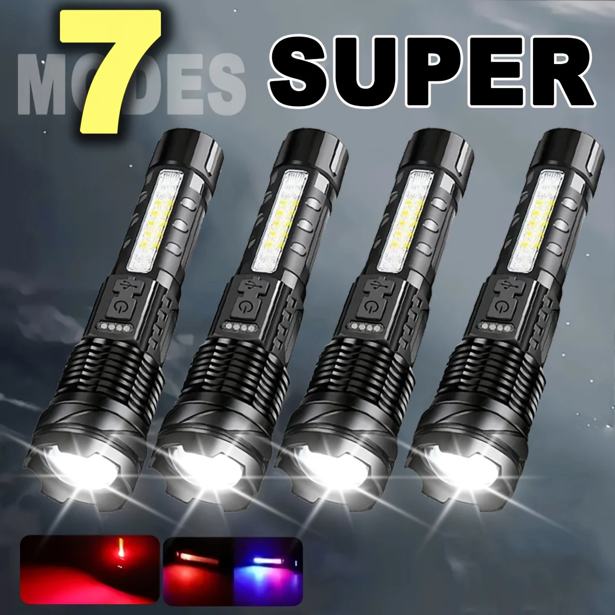 WZS Strong Light LED Flashlight with Zoom and Digital Display Type-C Rechargeable 18650 Battery Flashlight for Camping Emergency