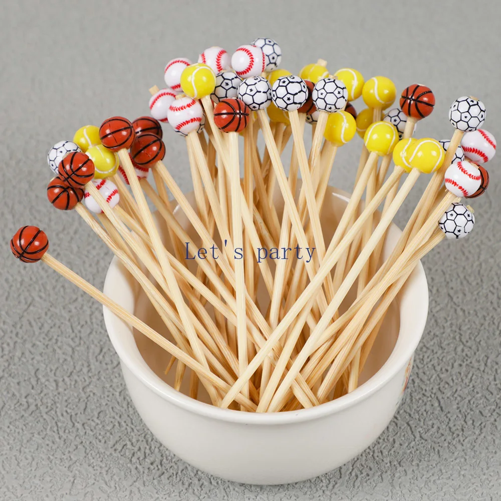 50Pcs Sports Football Theme Disposable Bamboo Skewers Food Picks Buffet Fruit Cocktail Fork Sticks for Kids Birthday Party Decor