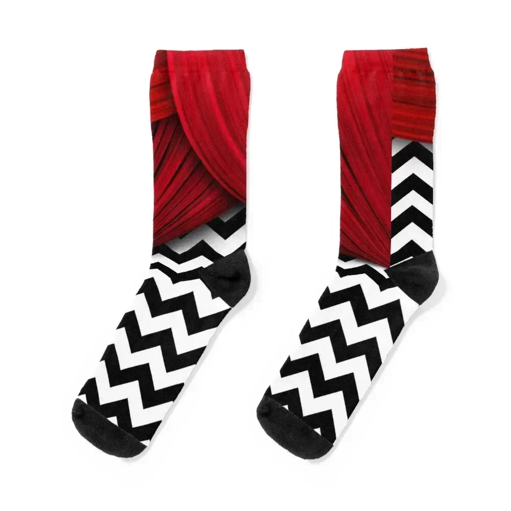 

Twin Peaks Red Curtains Black and White Chevron Socks retro man Children's kids Socks Male Women's