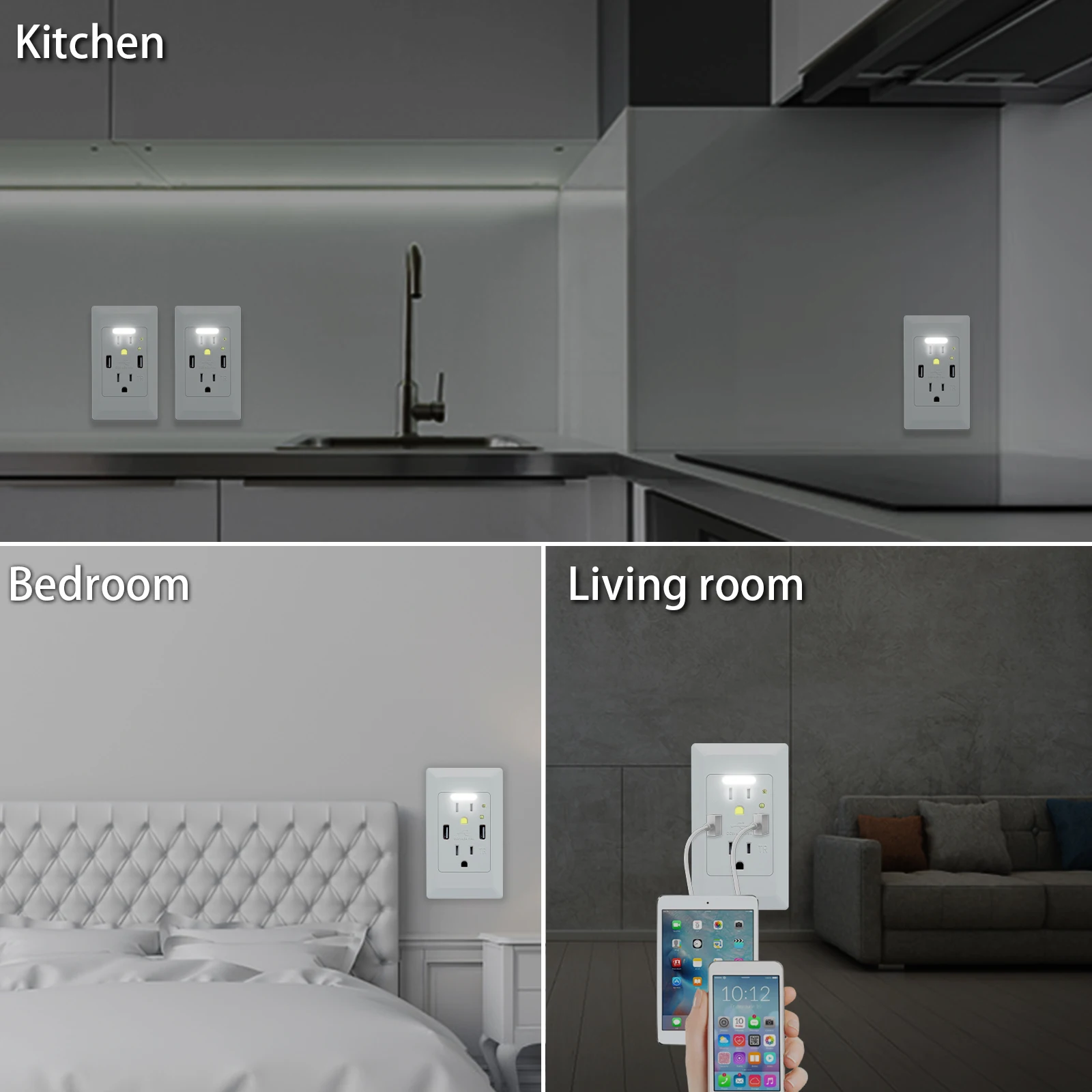 2 USB Charger Wall Outlet 15Amp Receptacle Charging Ports 2 Electrical AC Outlets Auto On/Off Nightlight Sensor and Wall Plates