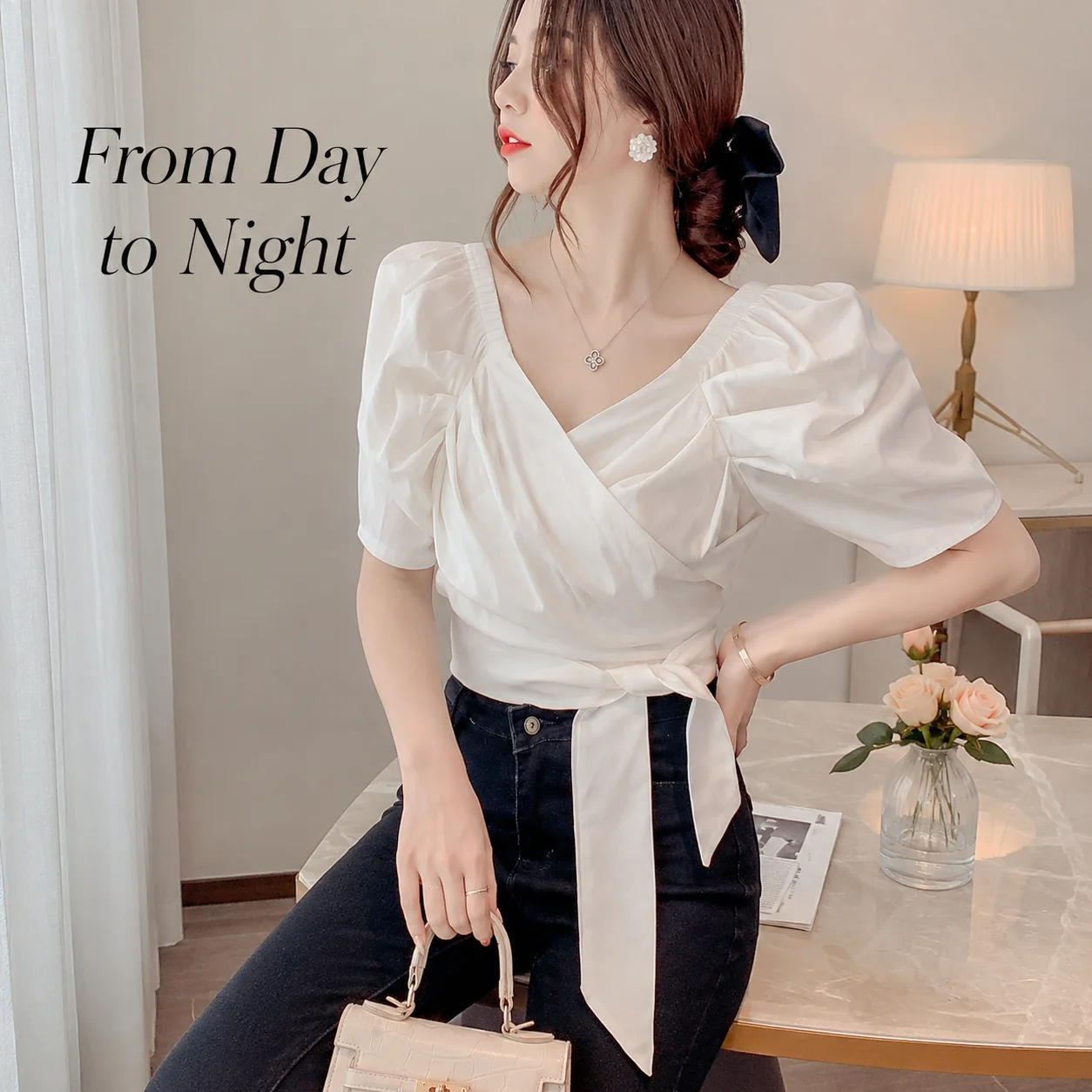 Women White Chiffon Wrap V Nec - Wrap Blouse Chiffon review and price