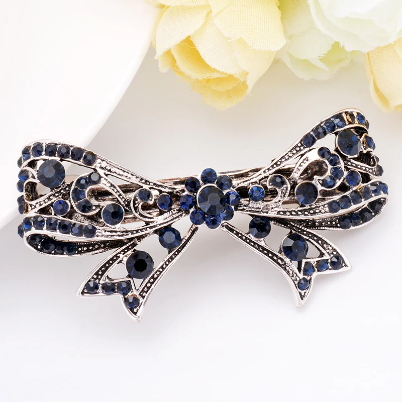 EASYA Vintage Antique  Blue Crystal Bowknot Hairpins Jewelry Women\'s Fashion Metal Rhinestone Ribbon Hair Clips Barrettes