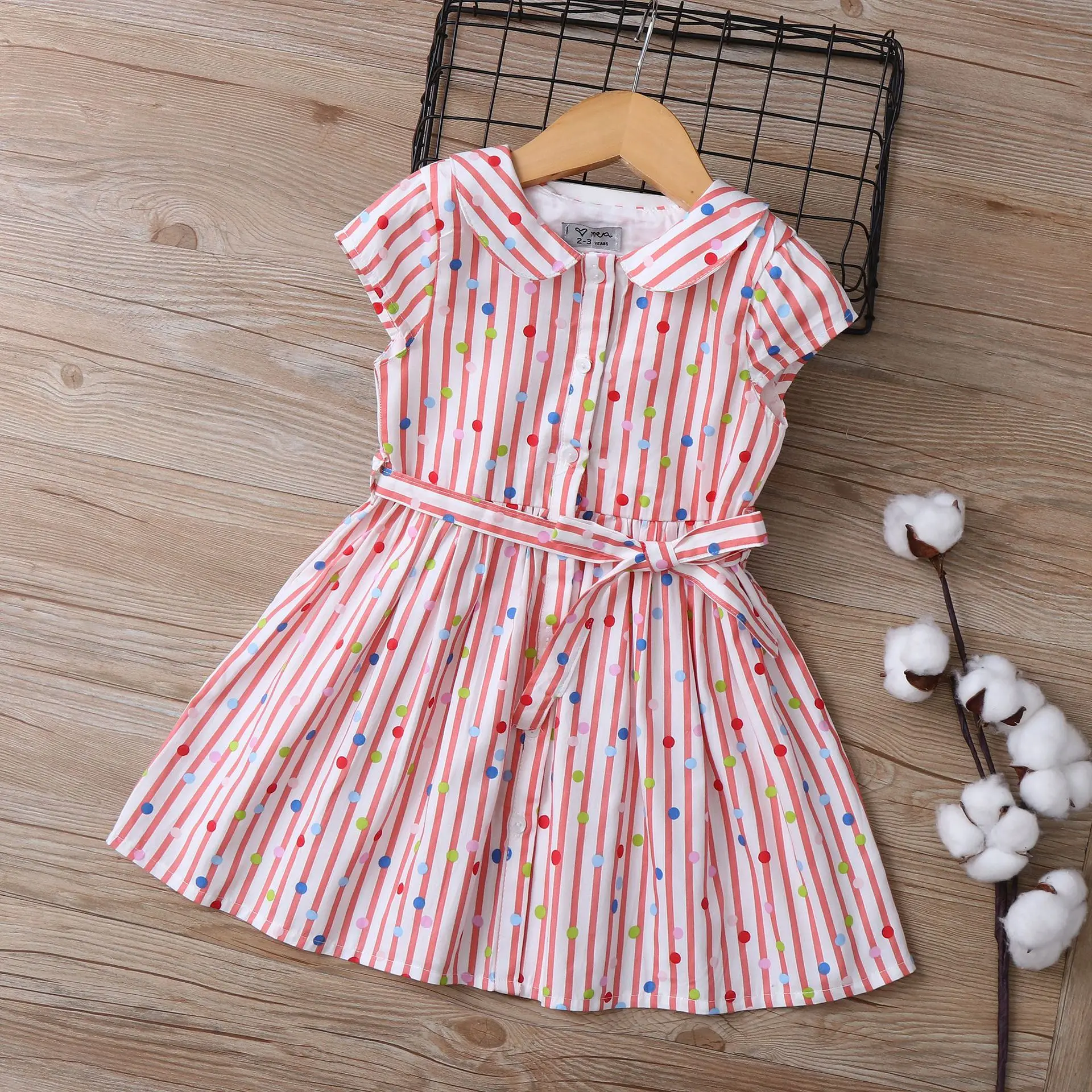 

Dot Stripe Cotton Short Sleeve Girls Dress Summer Premium Class A Children's Princess Dress