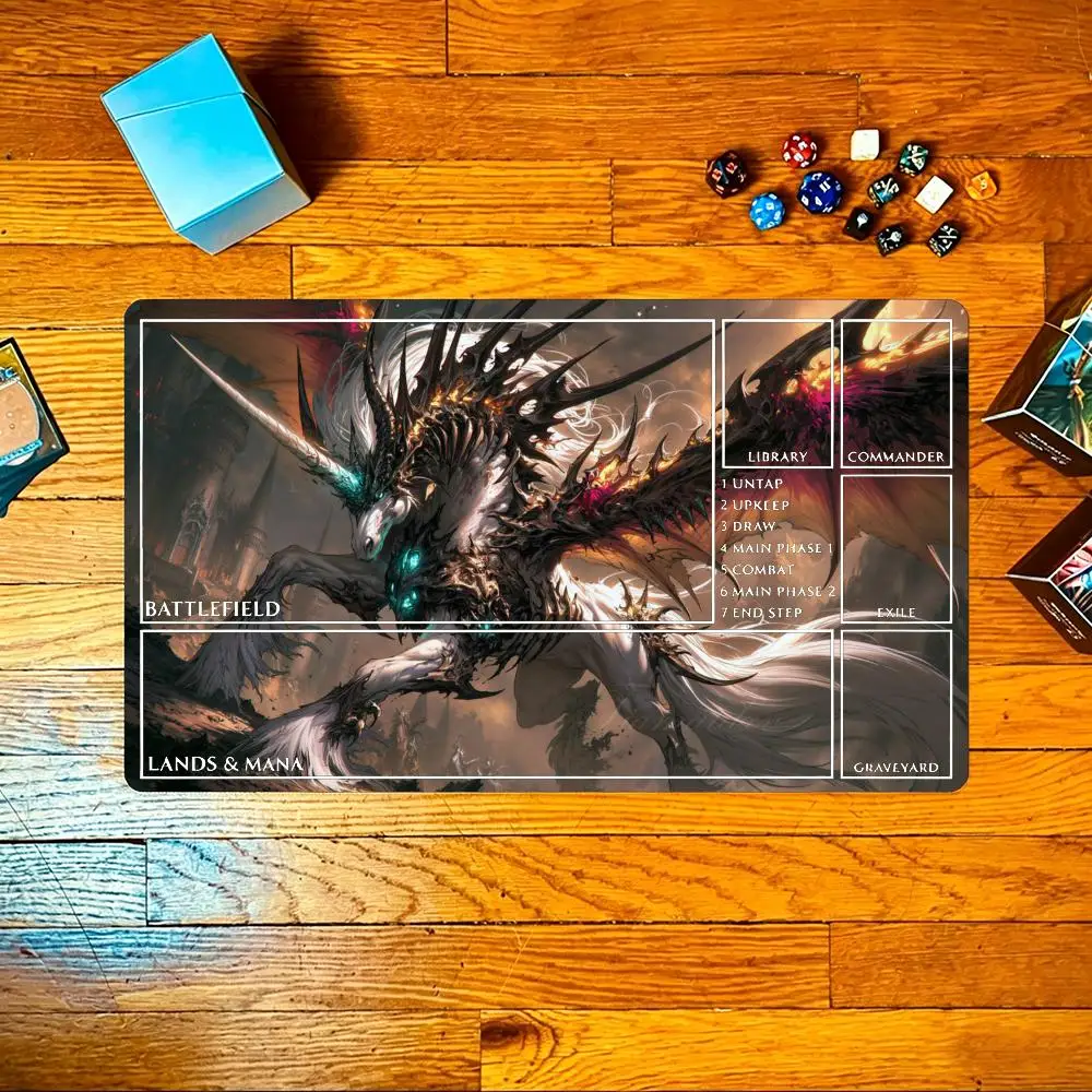 Dark Winged Demon Unicorn TCG Playmat 35X60CM Tabletop Trading Mat Non-Slip Durable Stitched Edge Three Templates Available