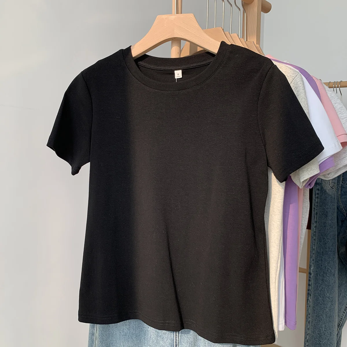 Slim Fit American Style Short Sleeve T-Shirt Women Summer New Style Half Sleeve Base Shirt Weight Loss Effect round Neck Cotton