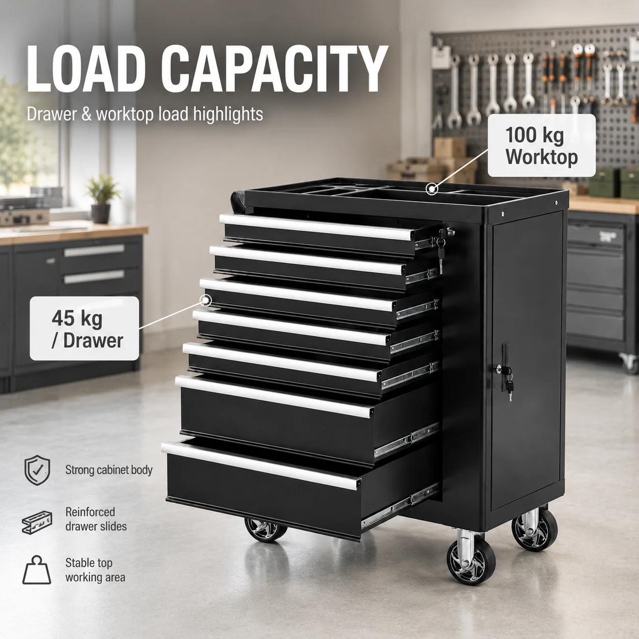 Heavy Duty 30in Modular Garage Storage System with Integrated Workbench Cabinet and Rolling Steel Tool Chest Cart