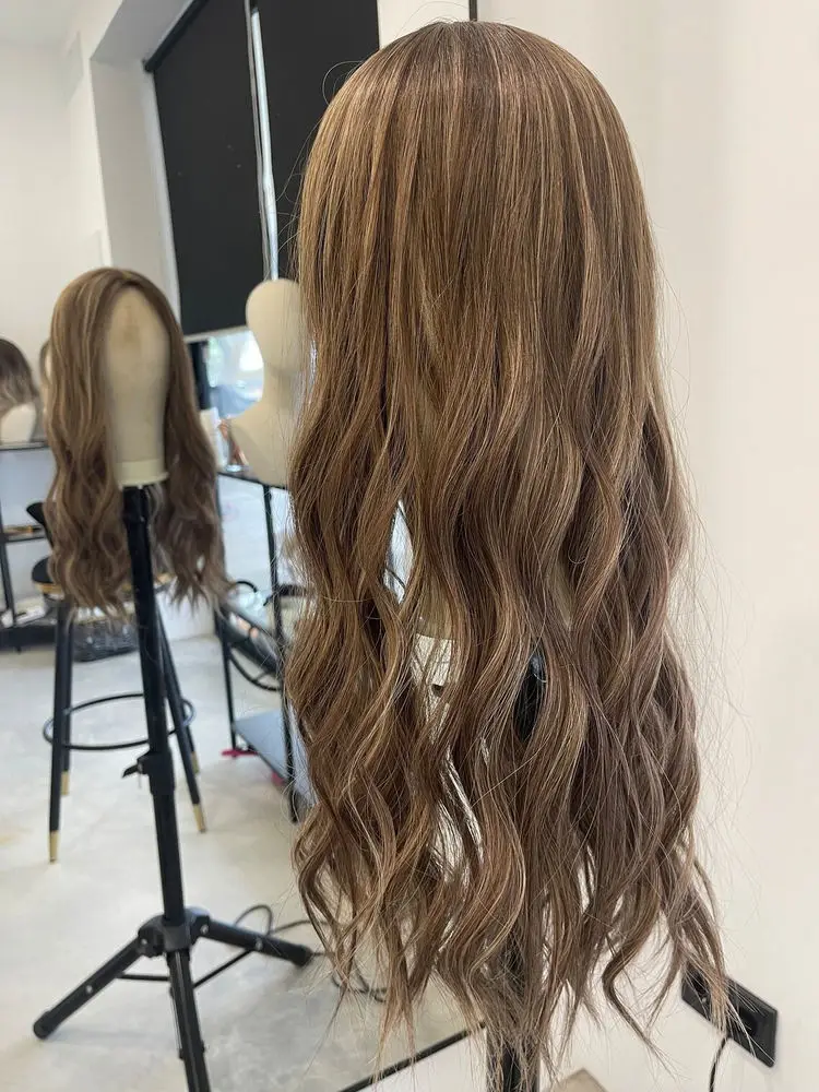 باروكة أمامية من الألياف الاصطناعية الفاخرة مقاس 24 بوصة، بني كستنائي مع أشقر يسلط الضوء على شعر مستعار دانتيل للنساء، شعر مستعار طويل مموج عميق الطول #3