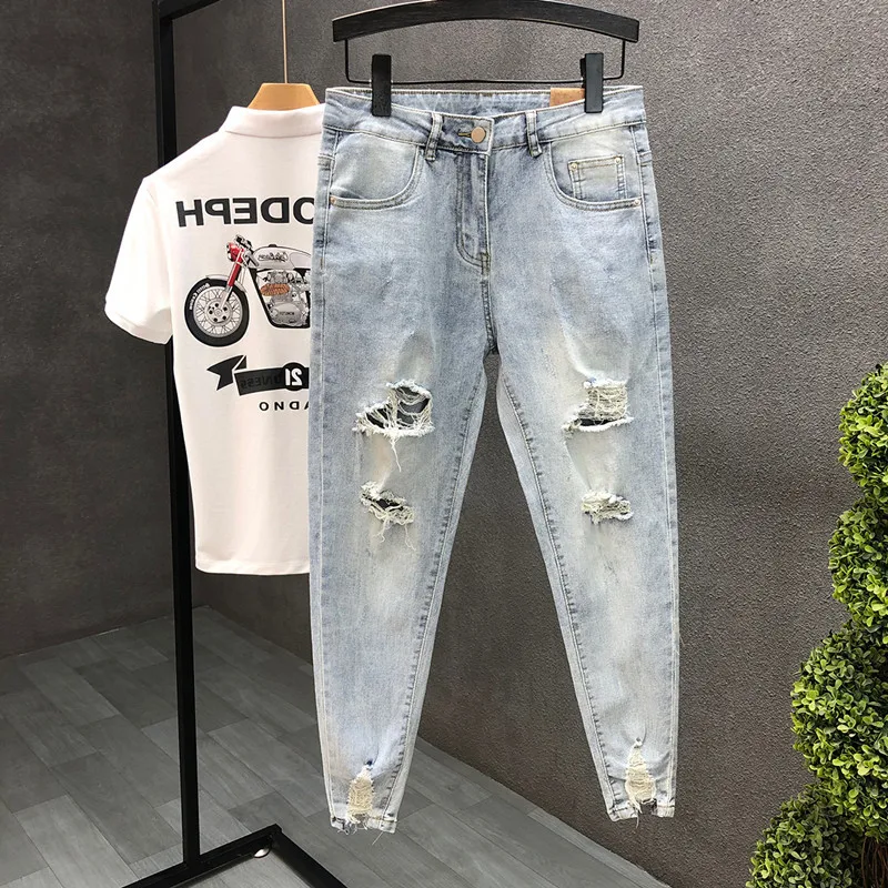 Nine Point Jeans For Men With Torn Holes Fashion Light Colored Distressed Slim Pencil Denim Pants