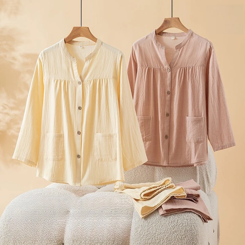 Women's 100% Cotton Natural Texture Pajama Set V-Neck Band Collar Gathered Loose Top Wide Leg Pants Home Loungewear