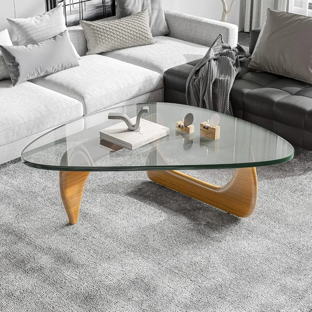 

Triangle Glass Coffee Table Modern Noguchi Coffee Table,Glass,Wood End Table, Solid Wood Base and Clear Accent Coffee Table