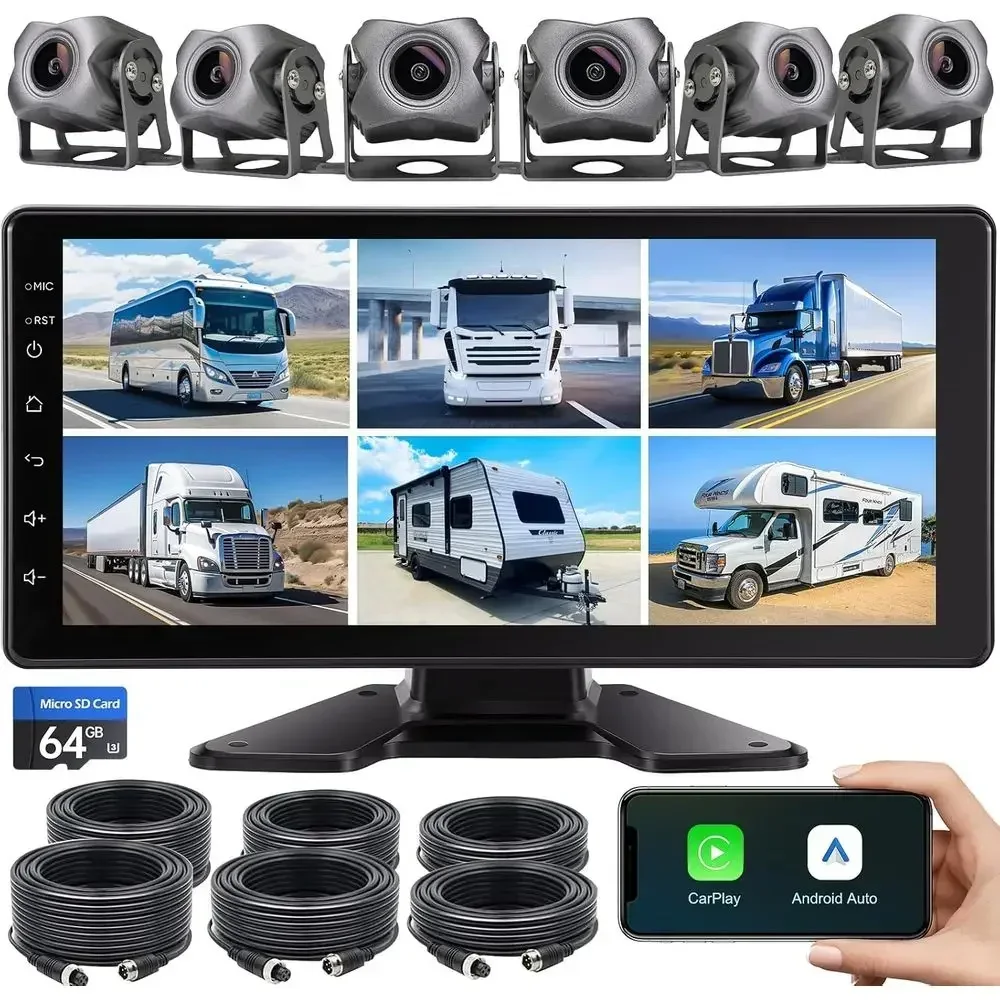 6-Channel 1080P Dash Cam Backup Camera System with 10.33 Inch Touch Screen Parking Monitor, Back Up Camera Car Radio for RV/Truc