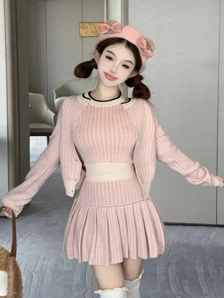 Autumn Luxury Brand Houndstooth Knitted Three Piece Set Women Sweet Fashion Cardigan Coat + Vest + Pleated Skirt 3 Piece Suits