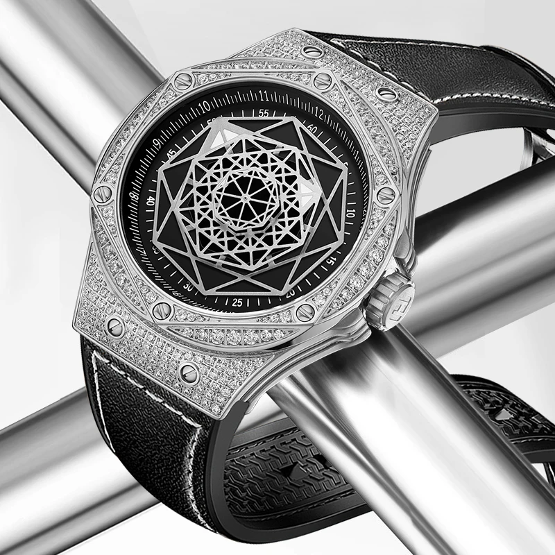 HANBORO, reloj automático para hombre, 43MM, reloj de pulsera mecánico de lujo, manecillas geométricas luminosas, bisel Hexagonal, caja completa de cristal