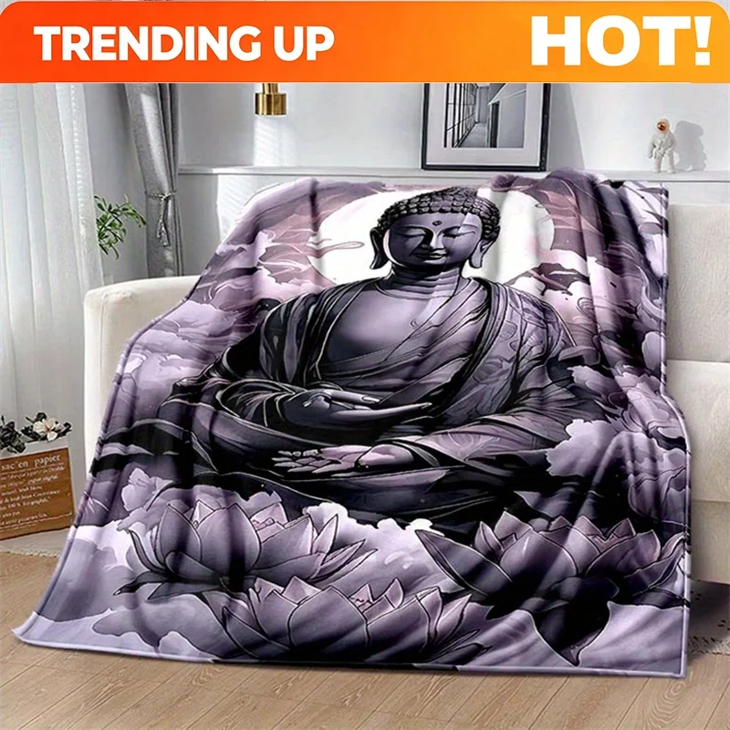 Customize 1pc Buddha Printed Blanket - Soft Lightweight Polyester Throw with Intricate for Lotus & Floral Design, All-Season Com
