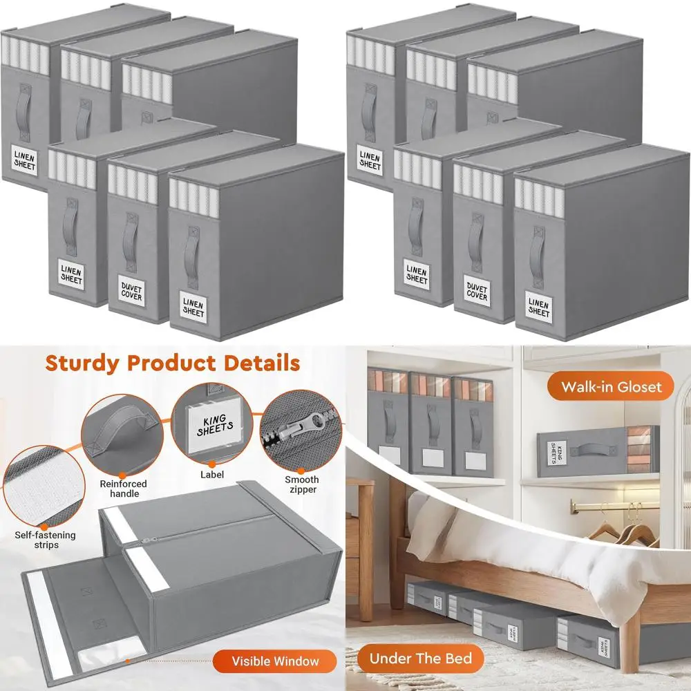 

Складной органайзер для постельного белья из 6 предметов с окном и этикетками для простыней, пододеял и одеял серого цвета