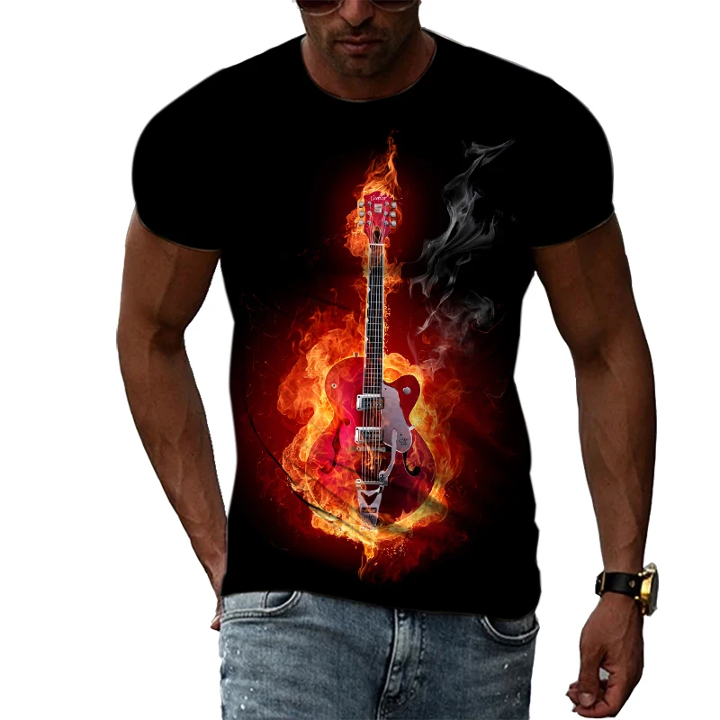 Summer Fashion Guitar Picture  T-Shirts For Men Casual 3D Print Tees Hip Hop Personality Round Neck Short Sleeve Tops