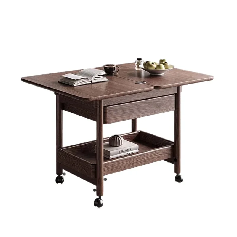 Household small apartment movable trolley coffee table side table multi-functional solid wood storage foldable side table