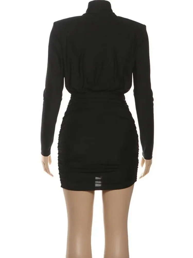XIAOTANG Sexy Slim High Neck Long Sleeve Bodycon Dress Elegant Solid Color Ruched Stretch Bodycon Fashion Party Evening Dress