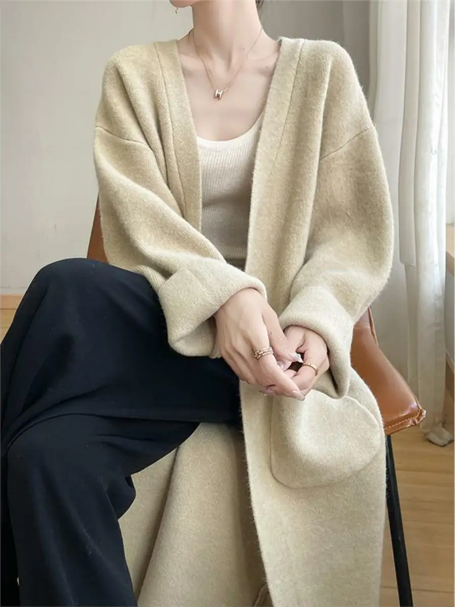 

Ele вязаный открытый кардиган, женский свободный повседневный кардиган, корейская версия, верхняя одежда для большой доски, длинный свитер V-Ne