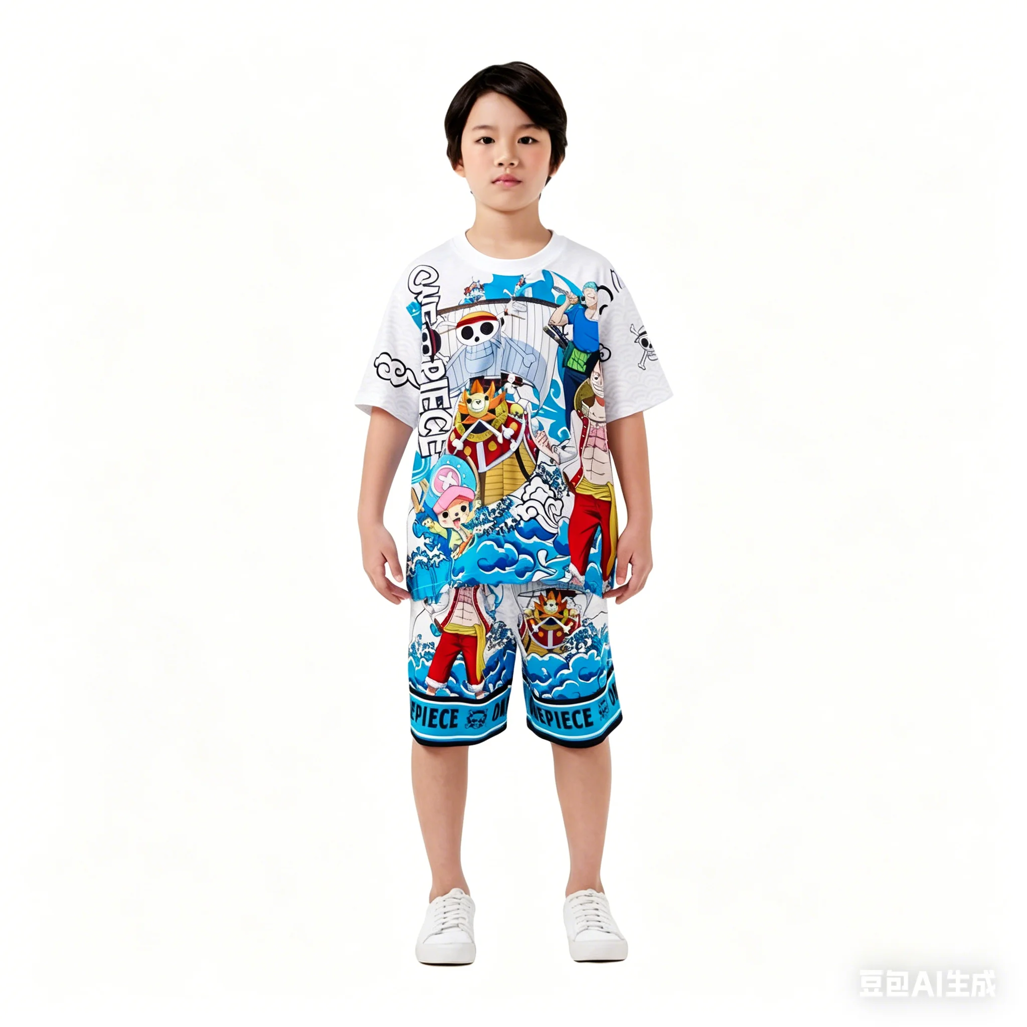 

2026 Summer Kids Boys Anime Pirate Crew Allover Print Short Sleeve T-Shirt and Shorts Set Casual Sportswear Two-Piece Outfit