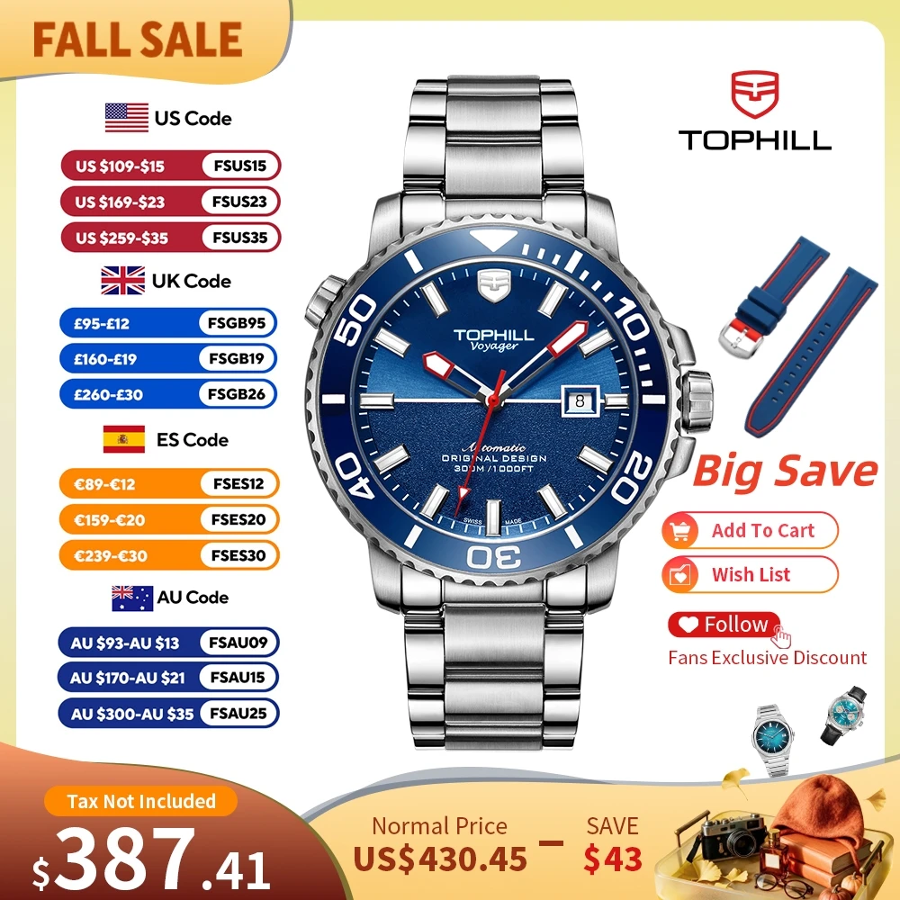 TOPHILL Watch Men Reloj Diving Self Winding 45mm S280 Movement Mechanical Sunray Fire Texture Dial 3H Date 30Bar Sapphire TD003G