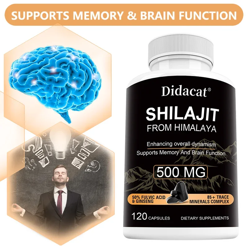 500mg Shilajit Extract Capsules with Ginseng, 85+ Trace Minerals, 50% Fulvic Acid | Immune, Brain Function Supplement