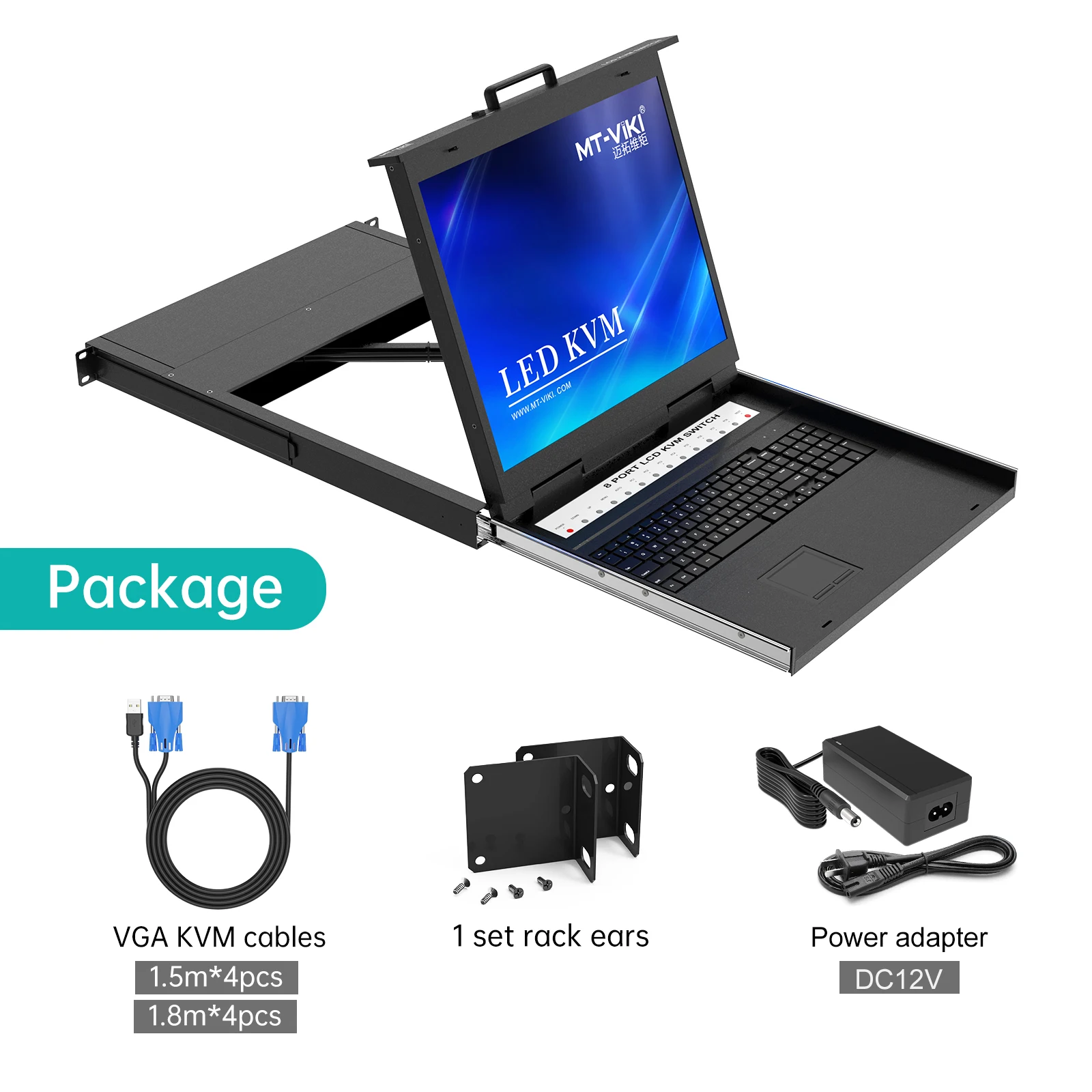 19 Inch LCD KVM Switch 8 Port VGA + 8 Pack USB VGA Cables, Rackmount KVM Console Drawer 8x1, 19 Inch LCD KVM Switch