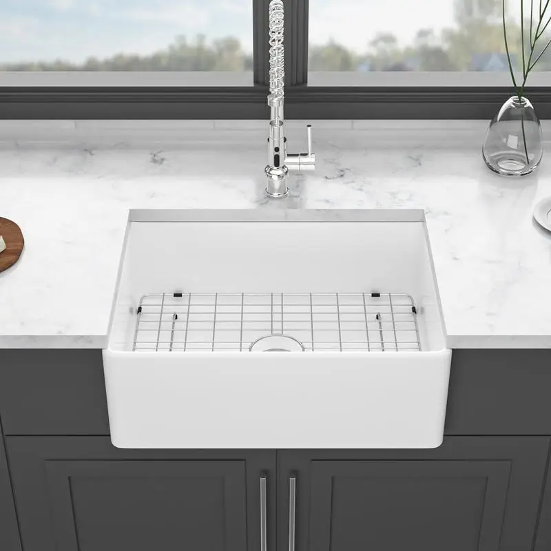 

28" White Farmhouse Sink - Ceramic 28" Kitchen Sink Single Bowl with Drain Assembly & Bottom Grid for Efficient Cooking and