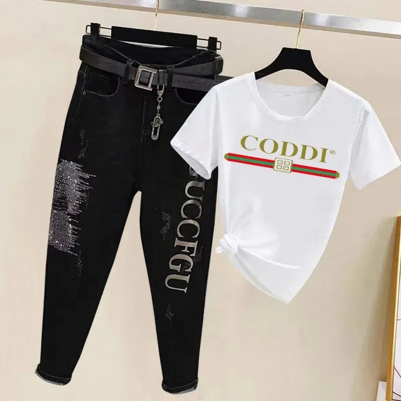 2022 Fashion Nieuwe Letters Print Losse En Dunne Harem Jeans Broek Kleine Voeten Koreaanse Korte Mouwen T-shirt Jeans Pak vrouwen Tij