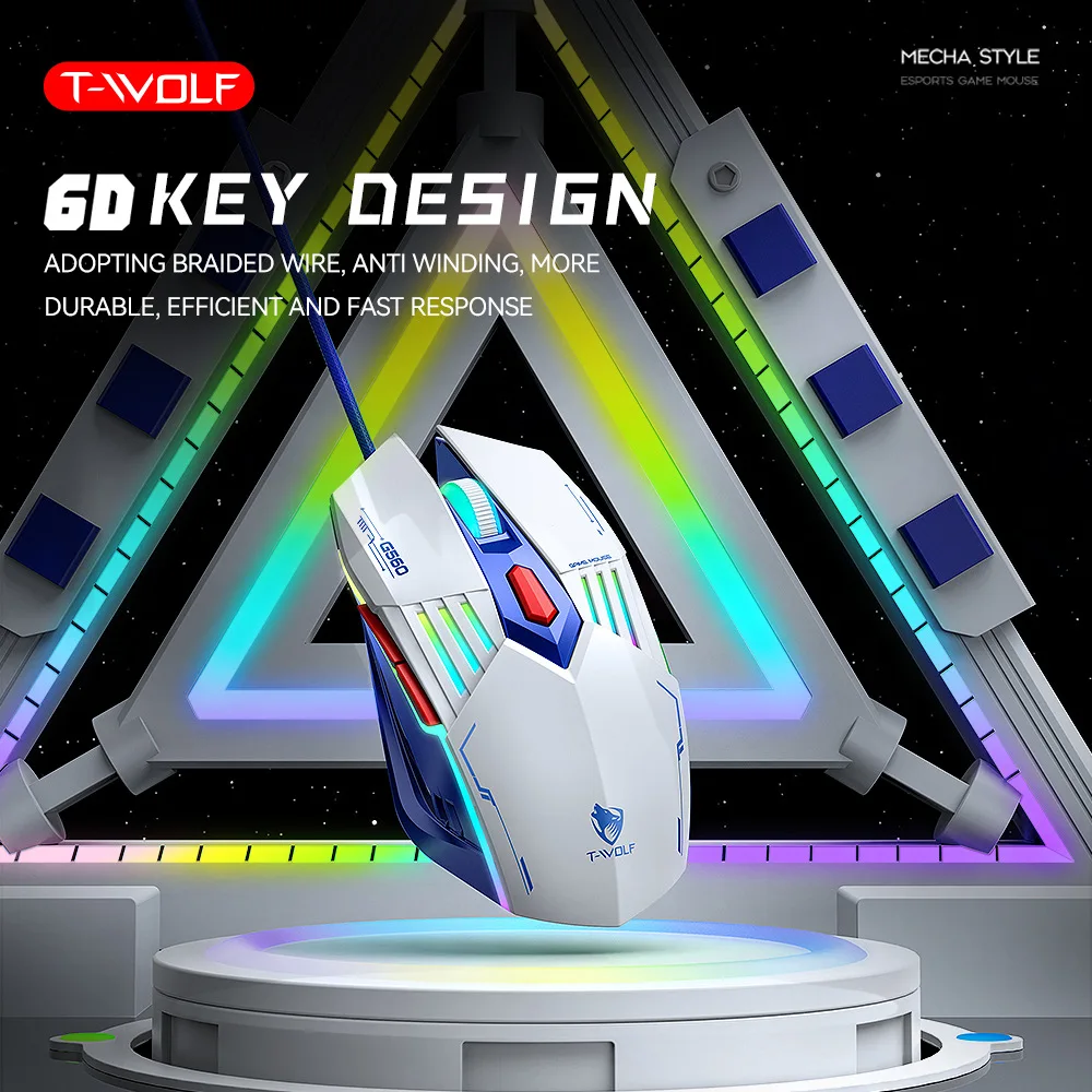 T-WOLF G560เอฟเฟกต์แสงเมาส์สำหรับเล่นเกมส์ปรับได้4สปีด dpi แบบมีสายเชื่อมต่อ USB เครื่องอีสปอร์ตสำนักงานคอมพิวเตอร์ลม