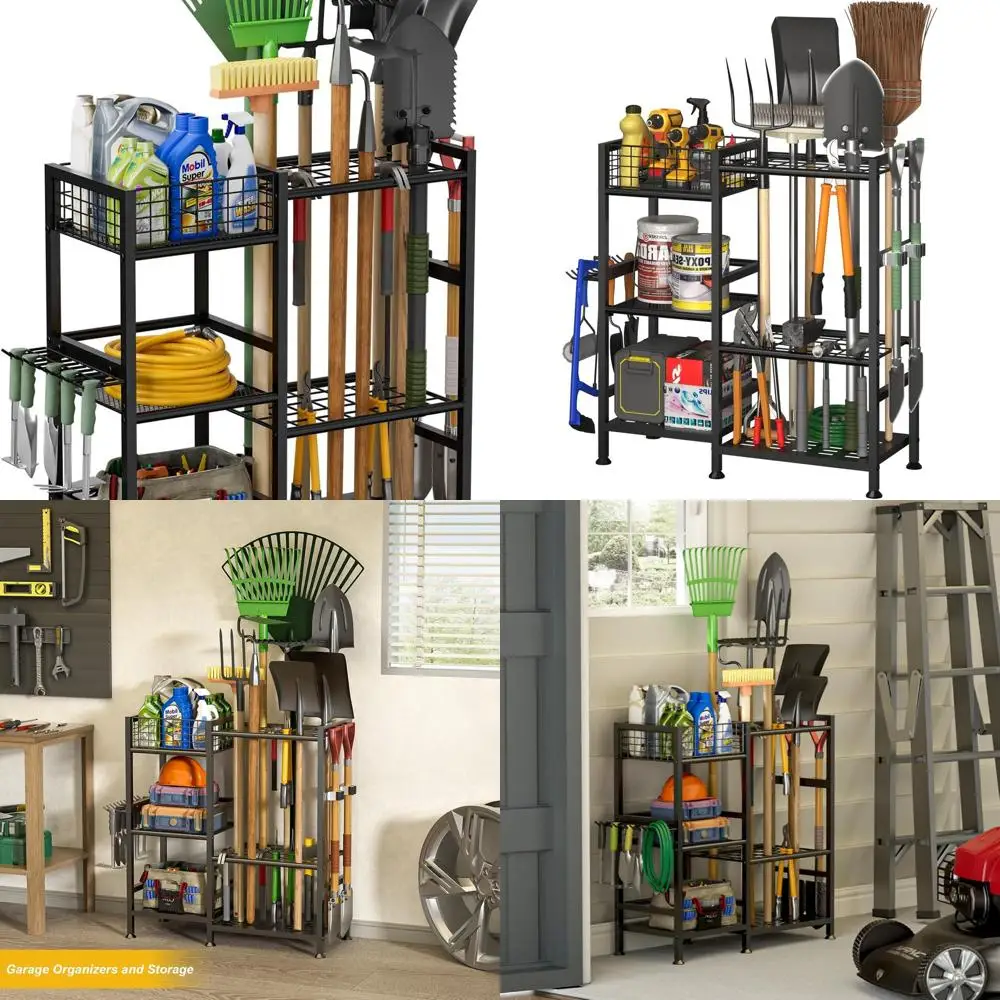 

3-Tier Heavy-Duty Garden Tool Organizer with Basket for Garage and Yard Storage