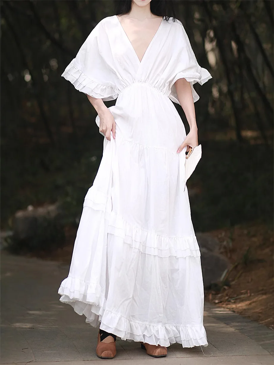 Tiyihailey verão com decote em v vestidos de algodão feminino manga curta alargamento branco longo maxi roupas femininas moda 2025 preto dupla camada