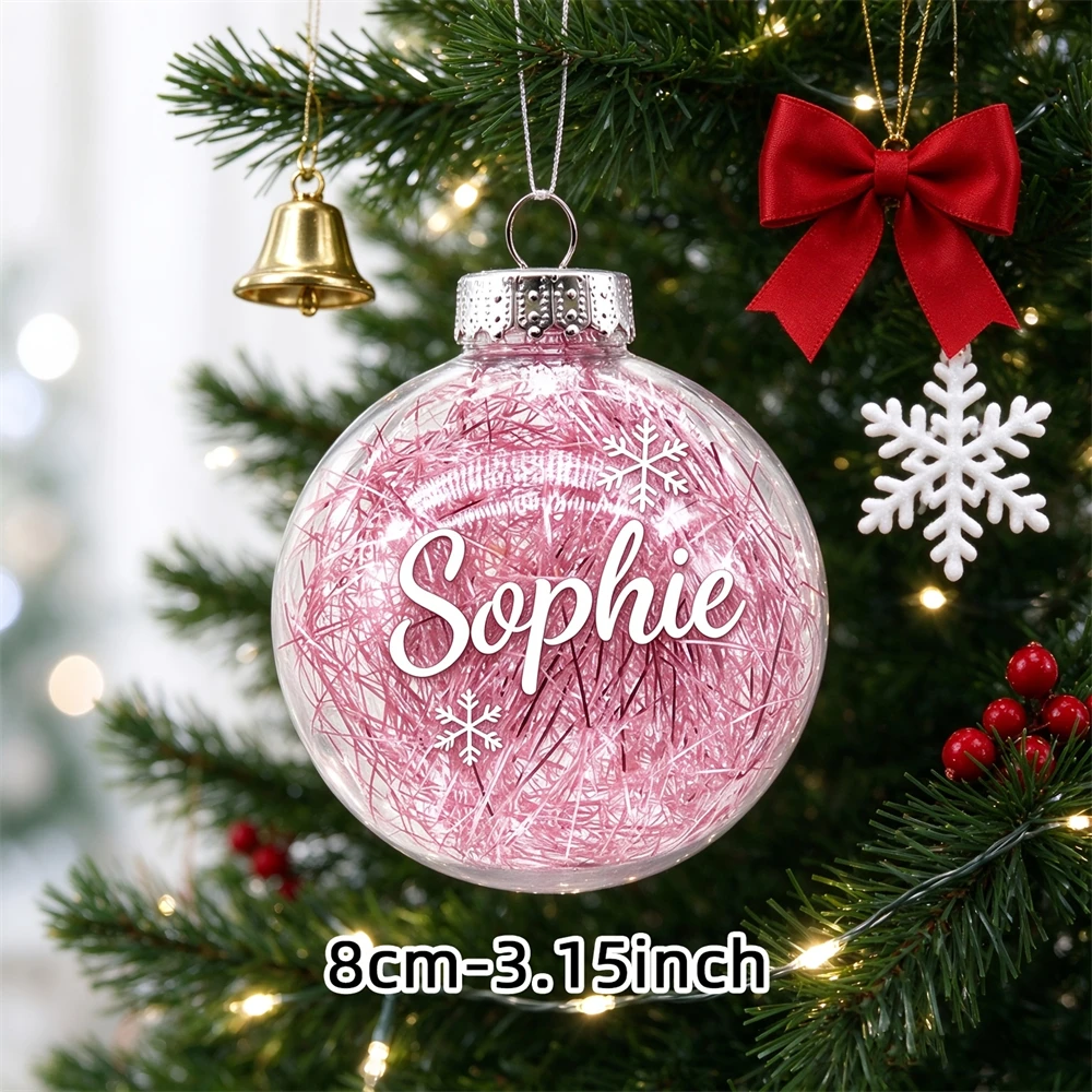 Custom Name Snowflake Transparent Christmas Bauble, Personalized Tinsel Filled Clear Ball Ornament For Christmas Tree Hanging