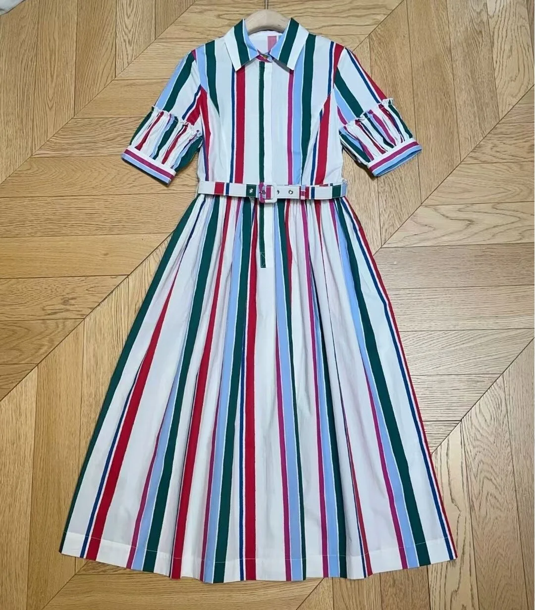 100%Cotton Dress 2025 Summer Style Lady Turn-down Collar Colorful Striped Print Belts Short Sleeve Mid-Calf Long Shirt Dress