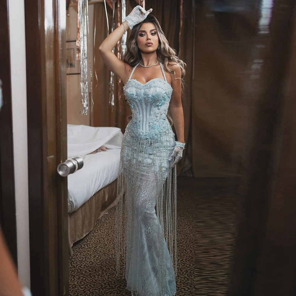 

Pretty Ice Blue Sequin Beaded Mermaid Prom Gown with Fringe Glitter Crystals Long Evening Dress Luxury Floral Lace Formal Gown