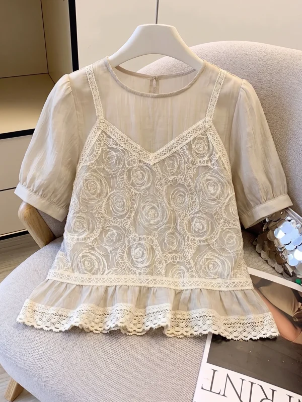 

Lace Hook Flower Women's Shirt Summer New Style Beautiful Small Top Fake Two-Piece Korean Version Loose Fit round Neck Short ...